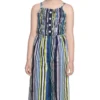Girl's Rayon Striped Sleeveless Jumpsuit (Blue)