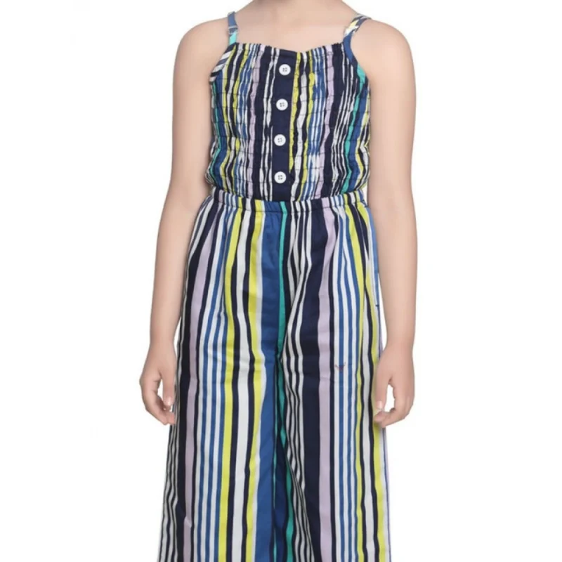 Girl's Rayon Striped Sleeveless Jumpsuit (Blue)
