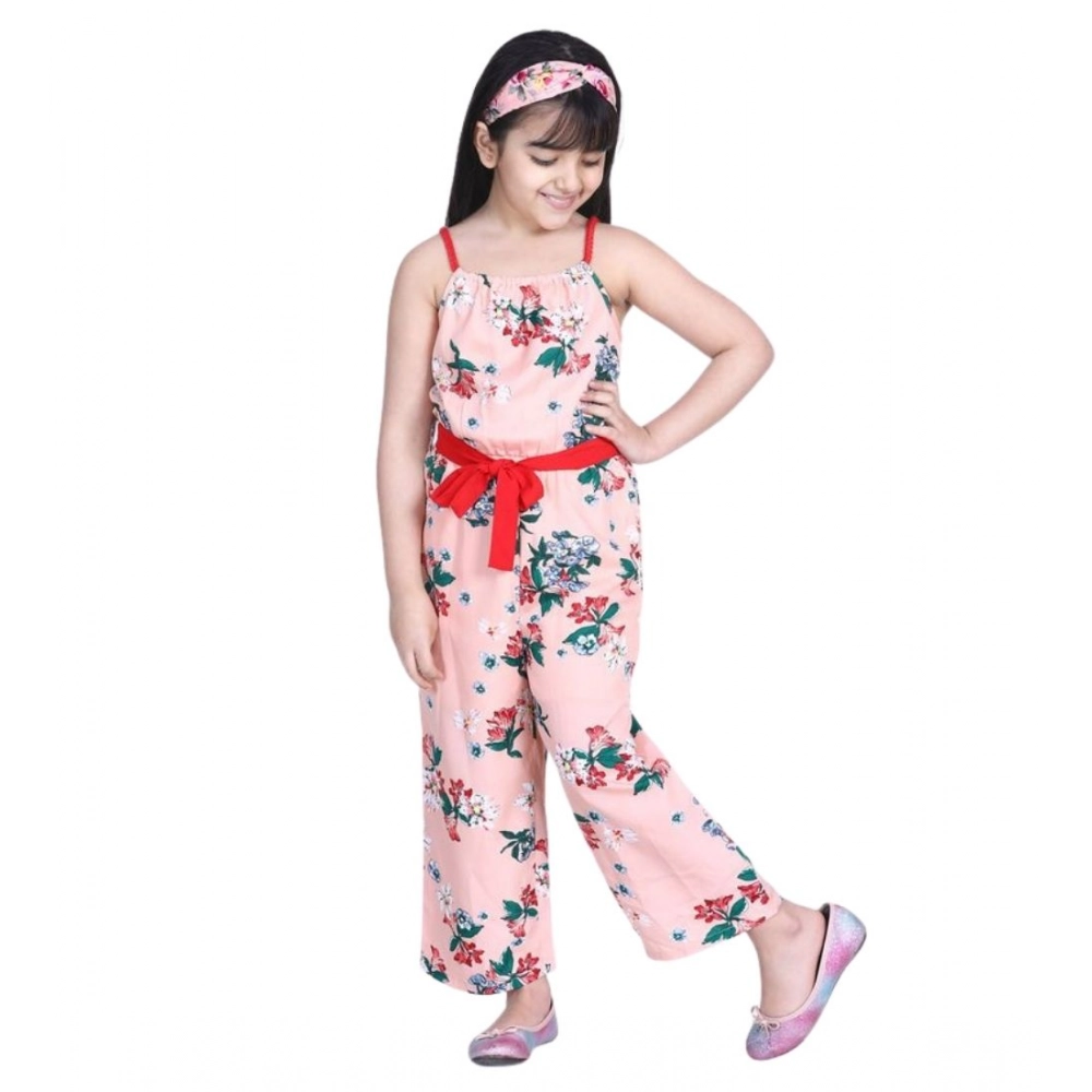 Girl's Polyester Crepe Floral Shoulder Straps Jumpsuit (Peach-Red) - Image 4