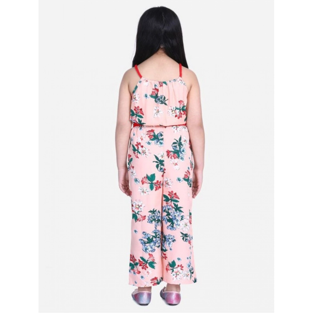 Girl's Polyester Crepe Floral Shoulder Straps Jumpsuit (Peach-Red) - Image 5