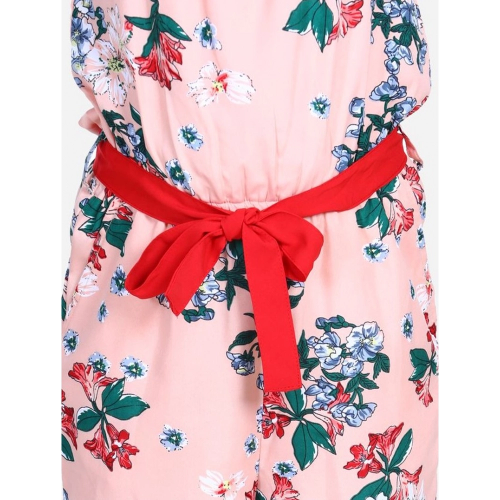 Girl's Polyester Crepe Floral Shoulder Straps Jumpsuit (Peach-Red) - Image 3