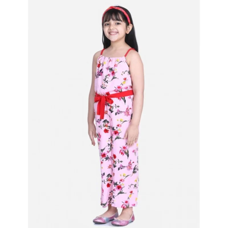 Girl's Polyester Crepe Floral Shoulder Straps Jumpsuit (Pink-Red)