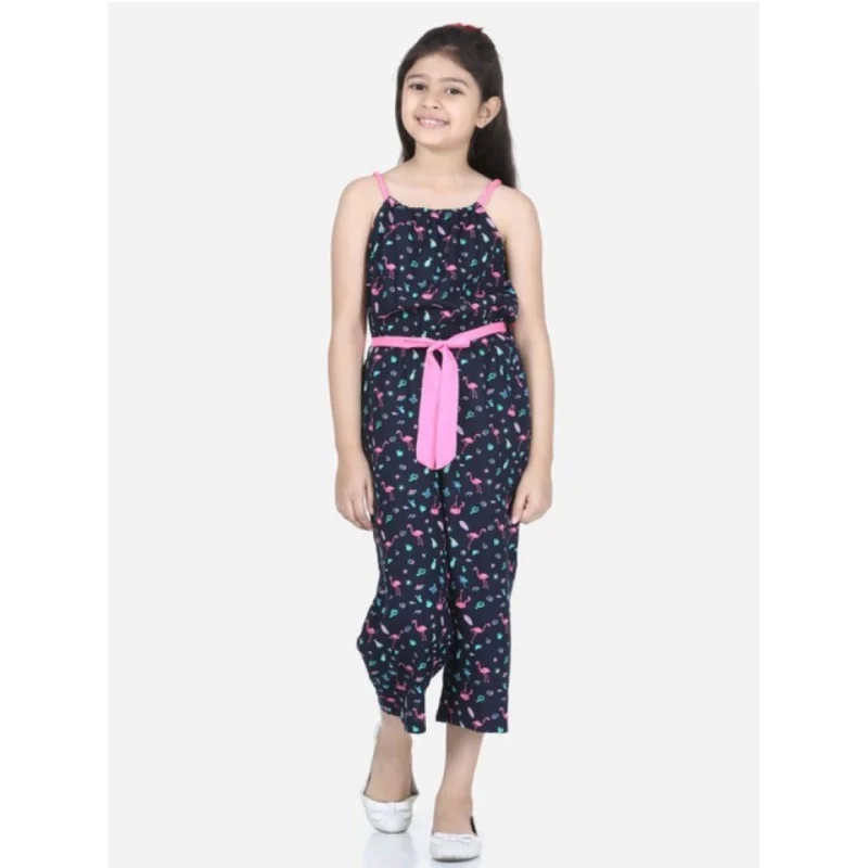 Girl's Rayon Flamingo Print Sleeveless Jumpsuit (Black-Pink)