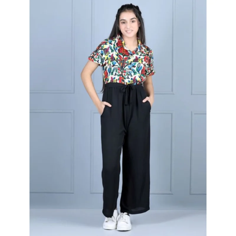Girl's Polyester Printed Short Sleeves Jumpsuit (Multicolor-Black)