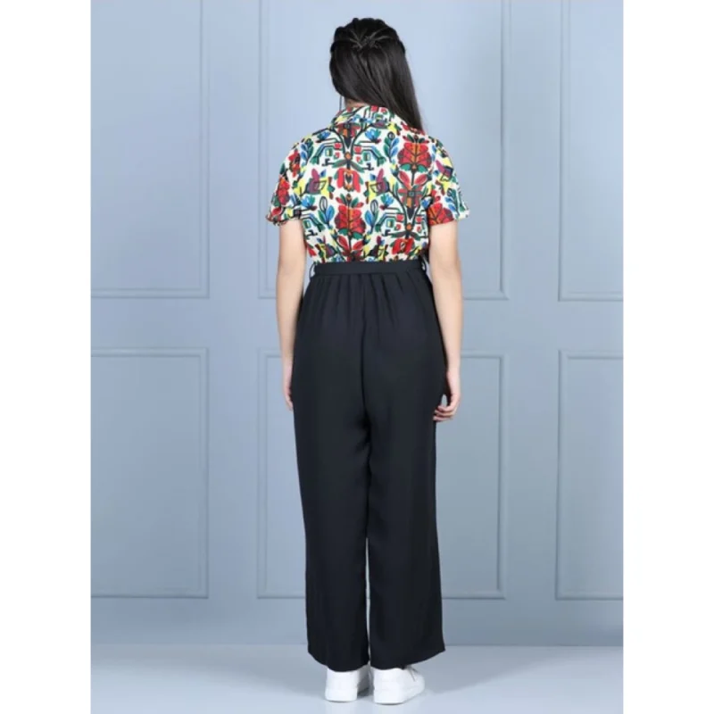 Alternative view of Girl's Polyester Printed Short Sleeves Jumpsuit (Multicolor-Black)