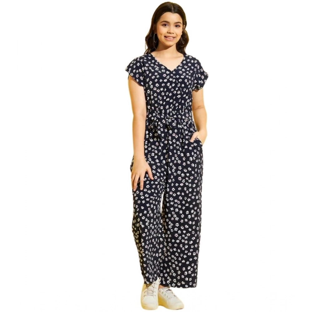 Girl's Polyester Moss Floral Short Sleeves Jumpsuit (Navy-white) - Image 5