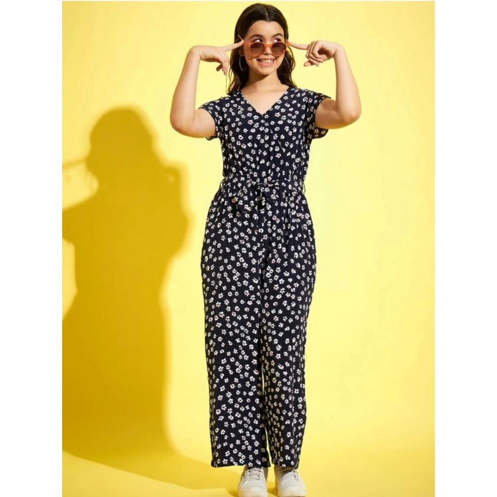 Girl's Polyester Moss Floral Short Sleeves Jumpsuit (Navy-white) - Image 4