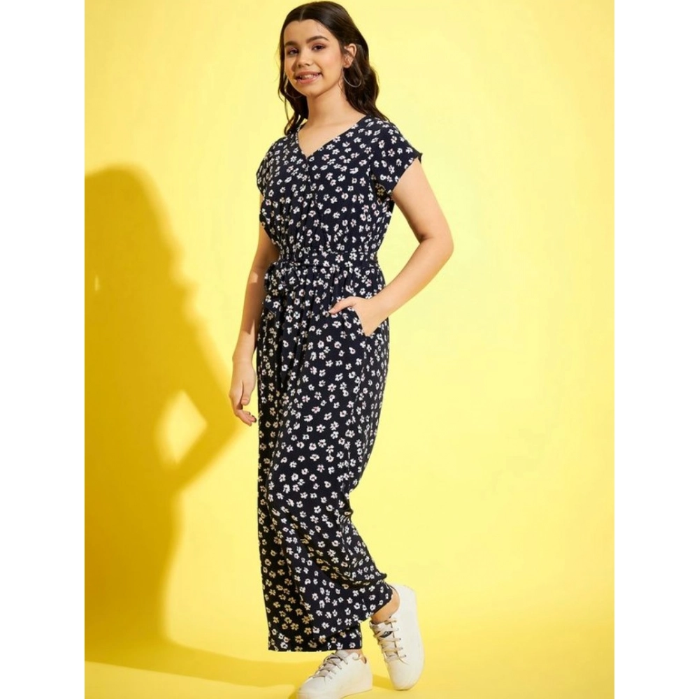 Girl's Polyester Moss Floral Short Sleeves Jumpsuit (Navy-white) - Image 3