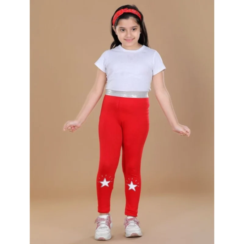 Girl's Cotton Lycra Star Print Elasticated Leggings (Red)