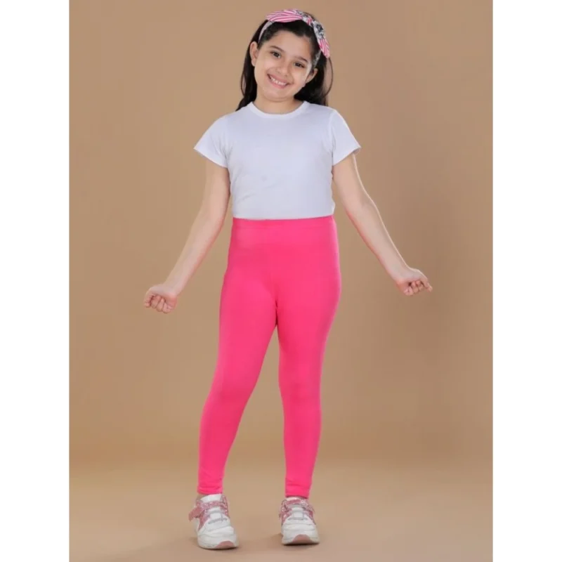 Girl's Cotton Lycra Solid Elasticated Leggings (Pink)
