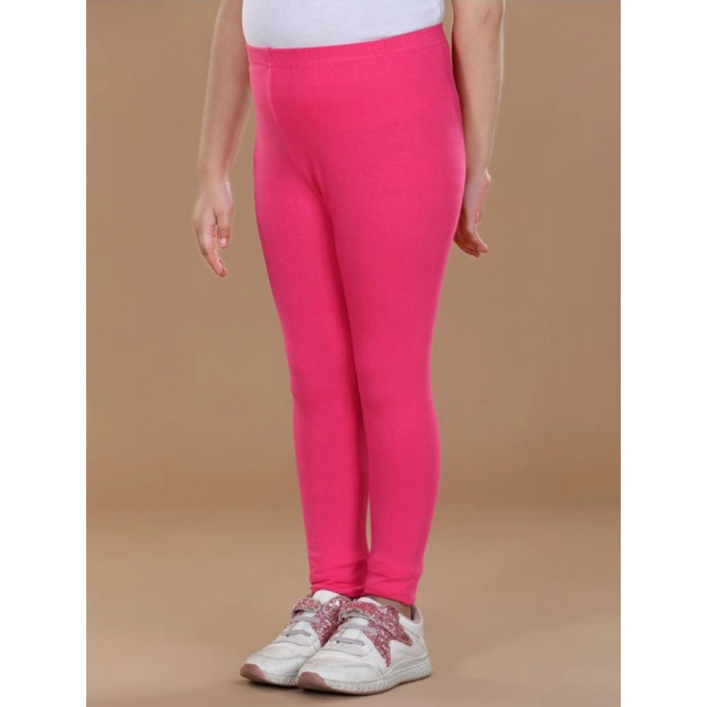 Girl's Cotton Lycra Solid Elasticated Leggings (Pink) - Image 3