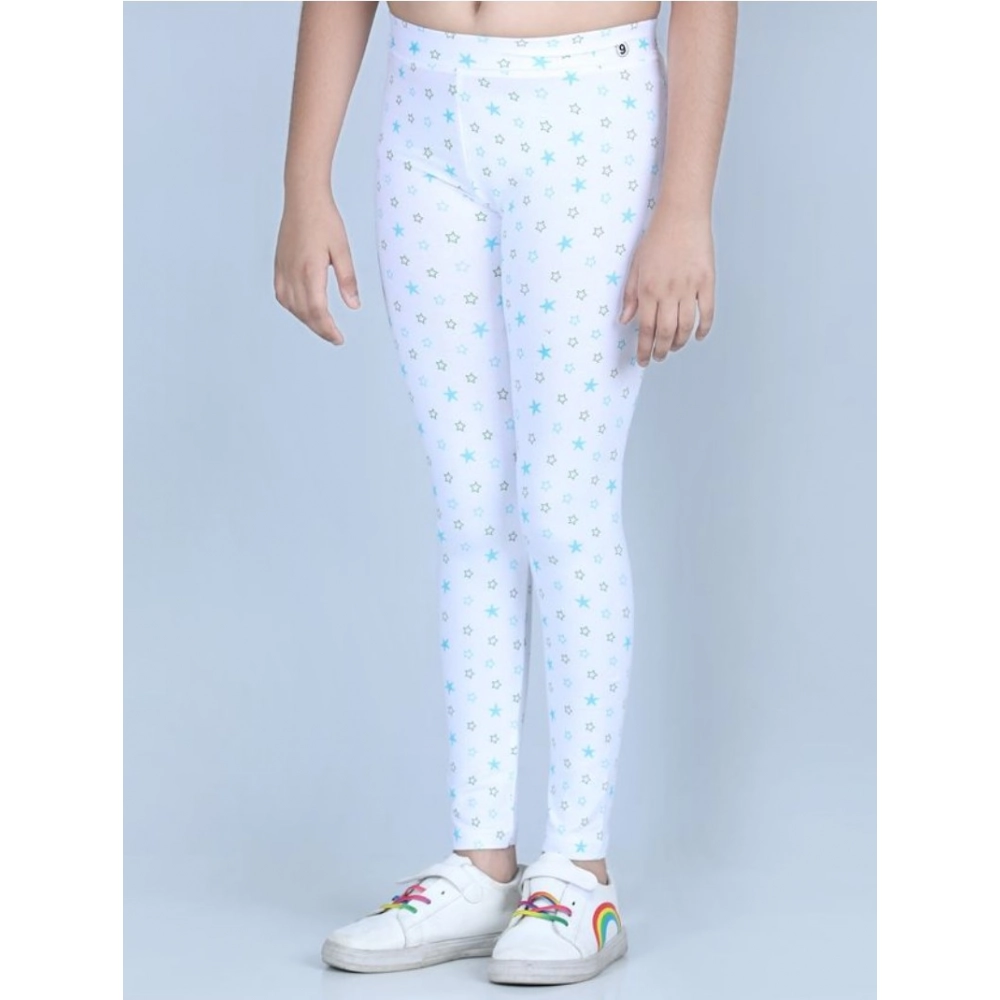 Girl's Cotton Lycra Printed Elasticated Leggings (White)