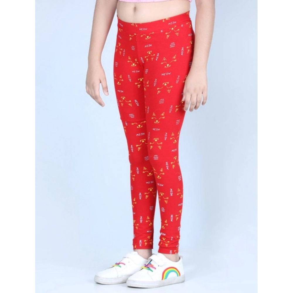 Girl's Cotton Lycra Printed Elasticated Leggings (Red) - Image 4