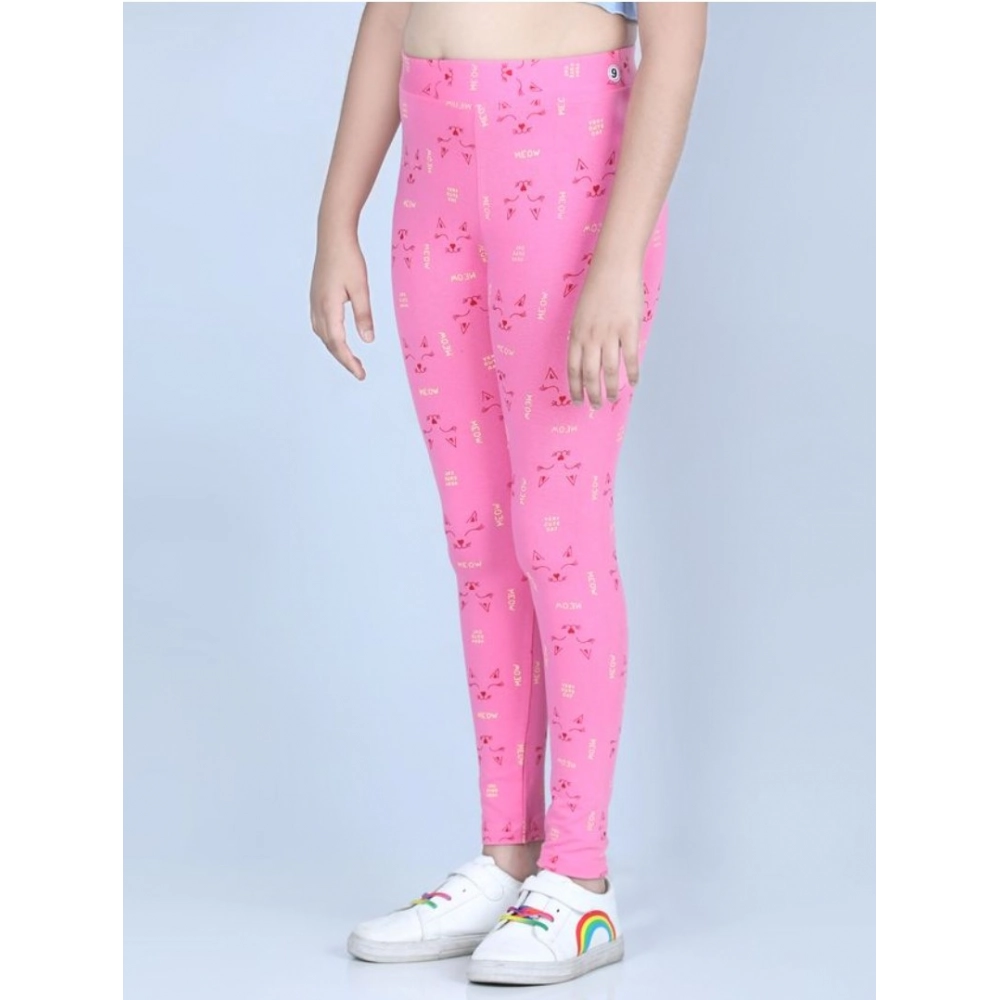 Girl's Cotton Lycra Printed Elasticated Leggings (Pink) - Image 4
