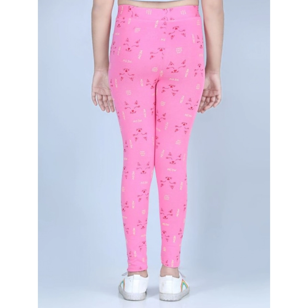 Girl's Cotton Lycra Printed Elasticated Leggings (Pink) - Image 3