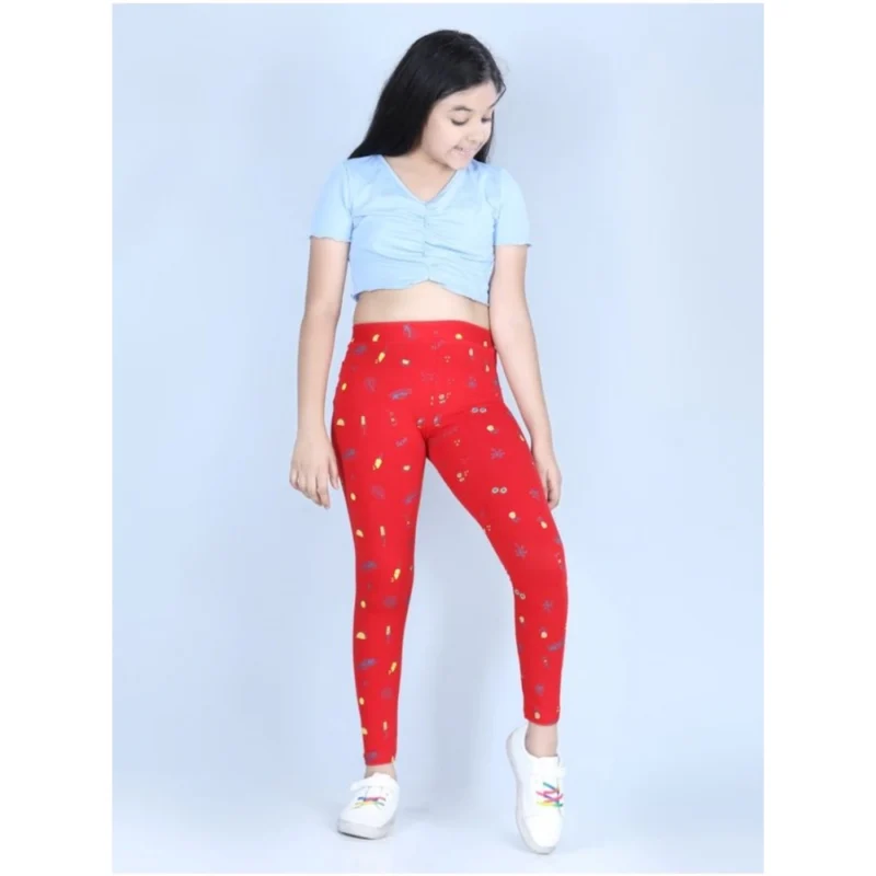 Girl's Cotton Lycra Printed Elasticated Leggings (Red)