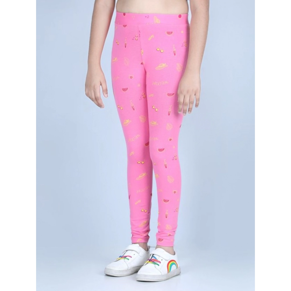 Girl's Cotton Lycra Printed Elasticated Leggings (Pink) - Image 5