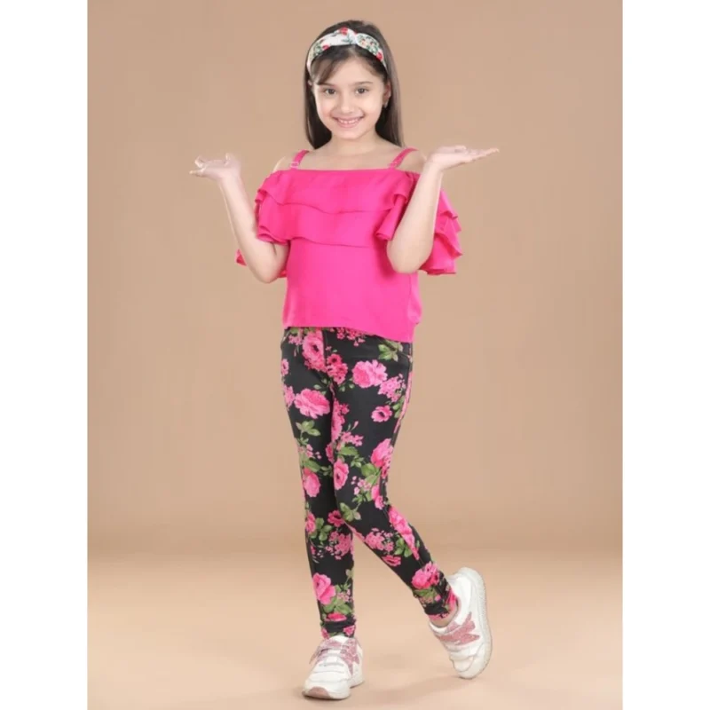 Girl's Cotton Floral Elasticated Jegging and Top Set (Black-Pink)