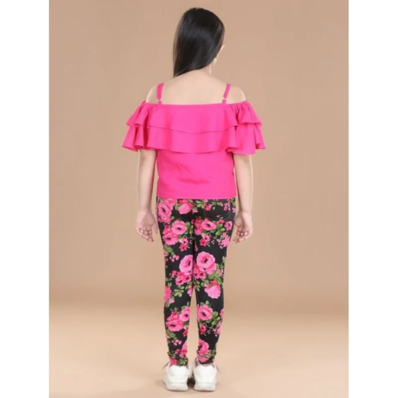 Alternative view of Girl's Cotton Floral Elasticated Jegging and Top Set (Black-Pink)