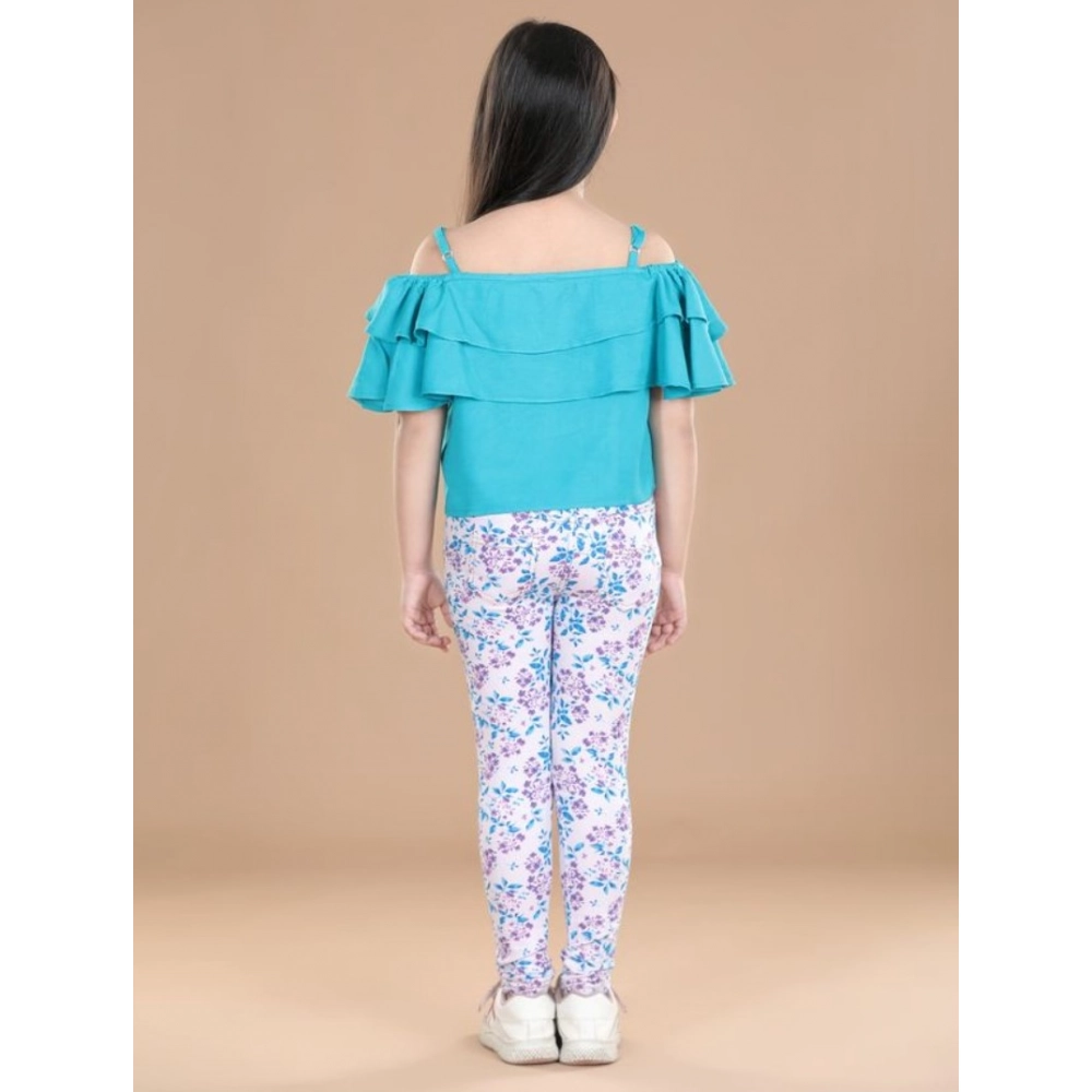 Girl's Cotton Floral Elasticated Jegging and Top Set (Turquoise Blue) - Image 4