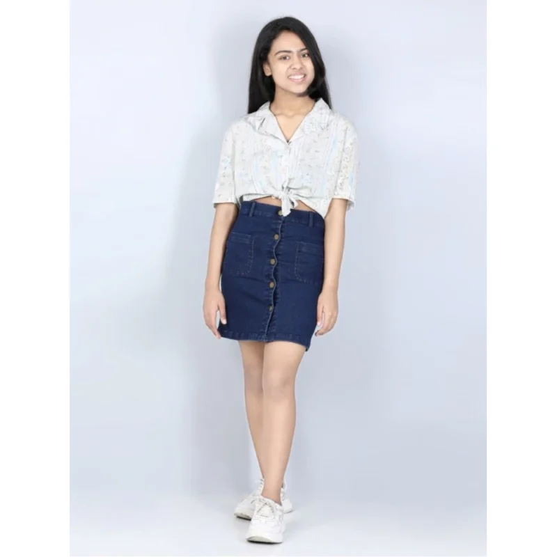 Girl's Denim Solid Buttoned Skirt (Navy Blue)