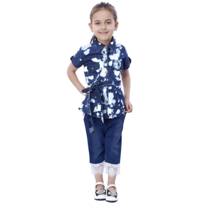 Girl's Denim Tie & Dye Short Sleeve Top (Blue-White)