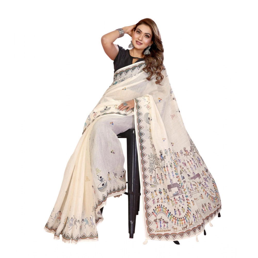 Women's Linen Cotton Printed Saree With Unstitched Blouse 5.5Mtr (Off White) - Image 6
