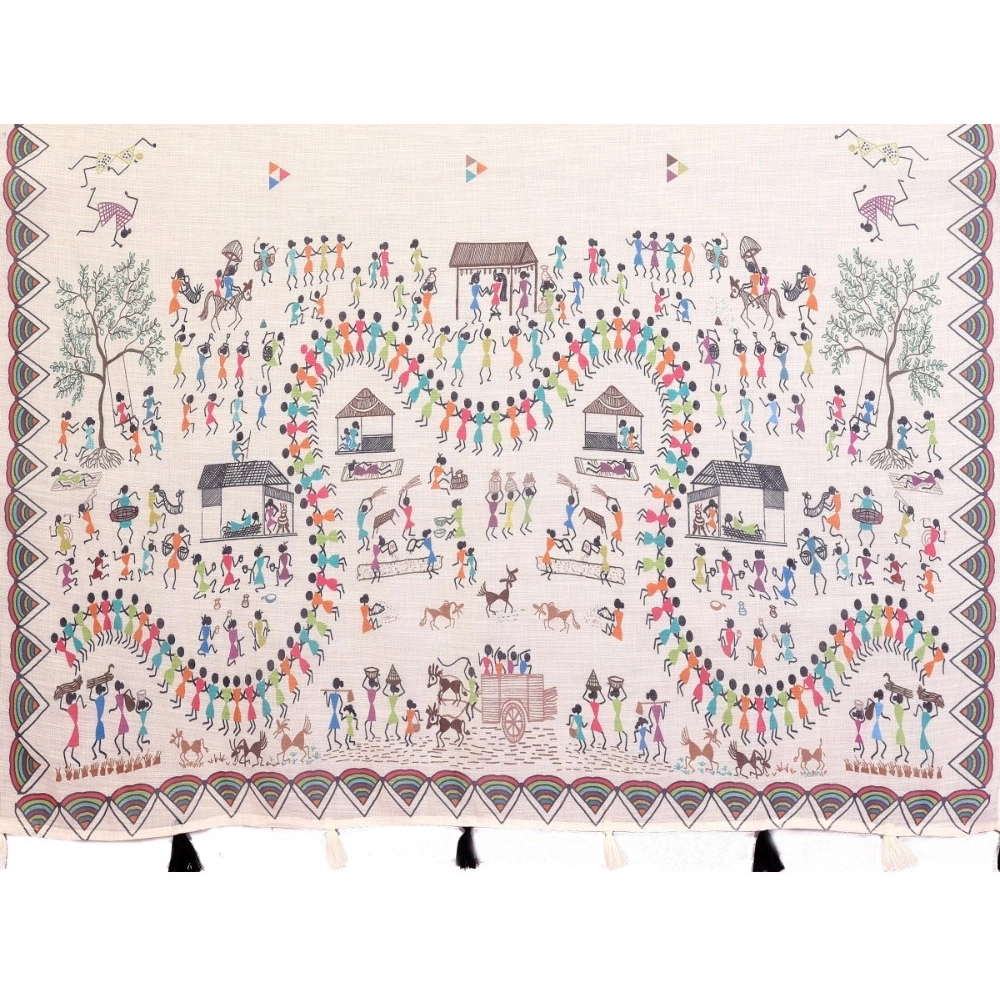 Women's Linen Cotton Printed Saree With Unstitched Blouse 5.5Mtr (Off White) - Image 2