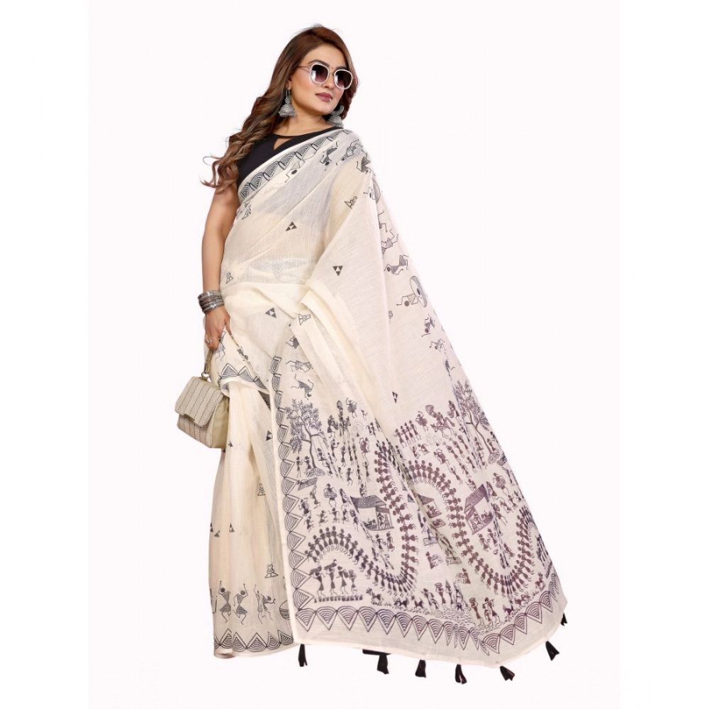 Women's Linen Cotton Printed Saree With Unstitched Blouse 5.5Mtr (Off White) - Image 2