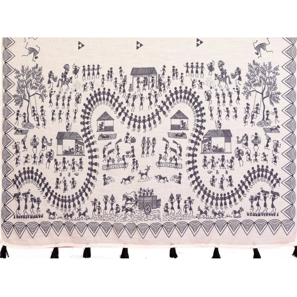 Women's Linen Cotton Printed Saree With Unstitched Blouse 5.5Mtr (Off White) - Image 3