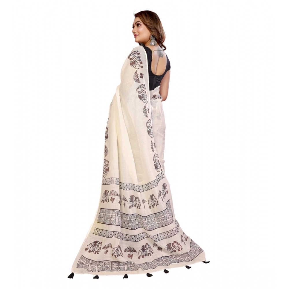 Women's Linen Cotton Printed Saree With Unstitched Blouse 5.5Mtr (Off White) - Image 5
