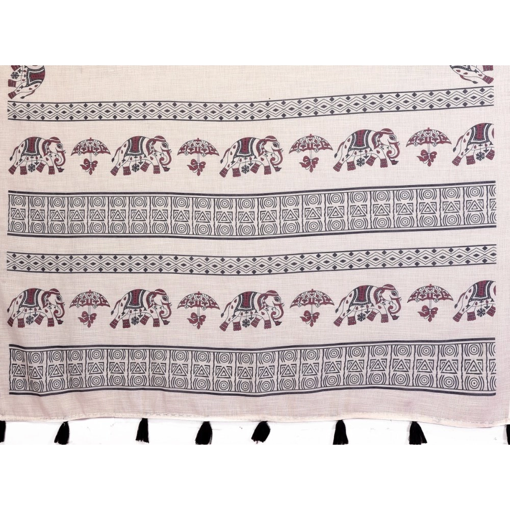 Women's Linen Cotton Printed Saree With Unstitched Blouse 5.5Mtr (Off White) - Image 3