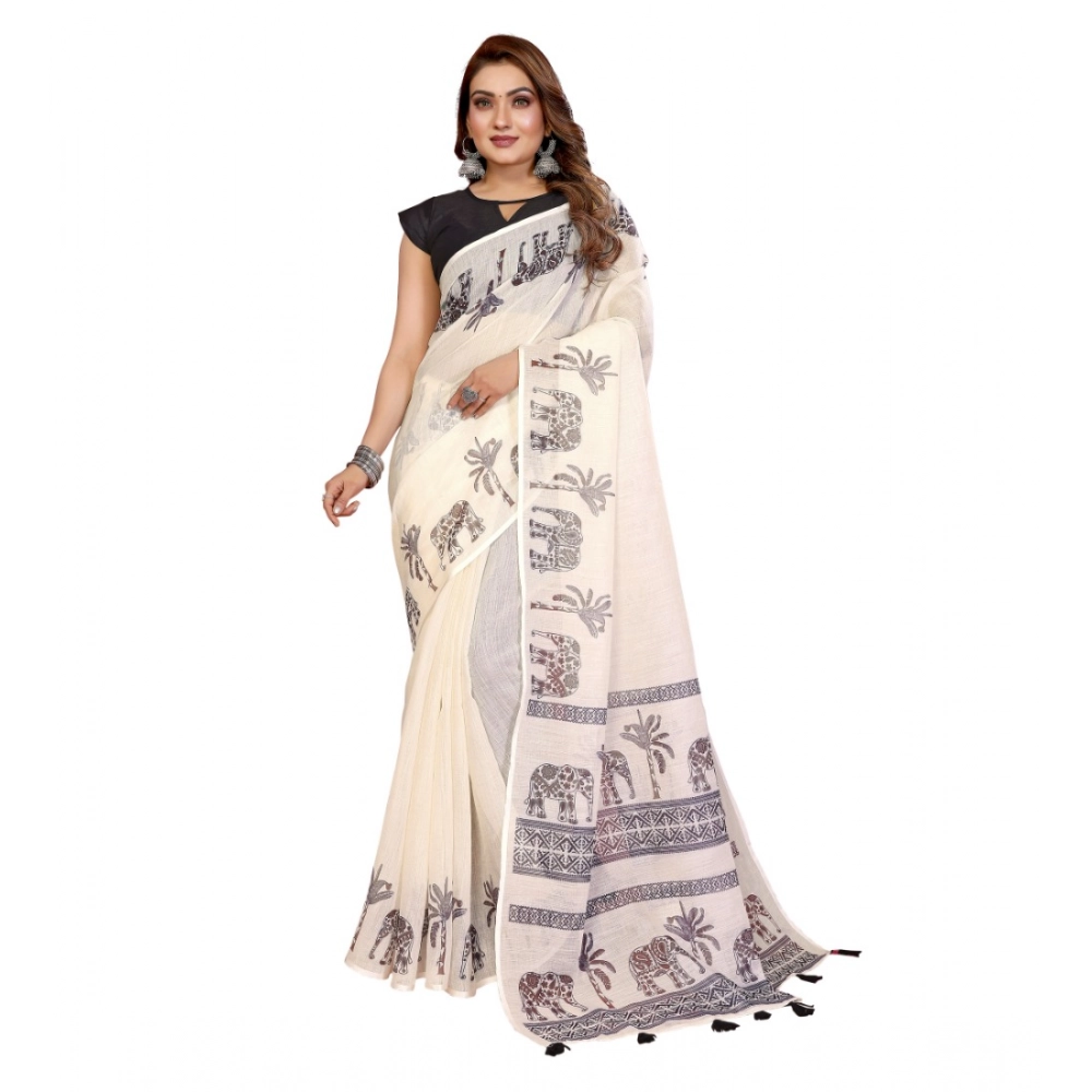 Women's Linen Cotton Printed Saree With Unstitched Blouse 5.5Mtr (Off White) - Image 5