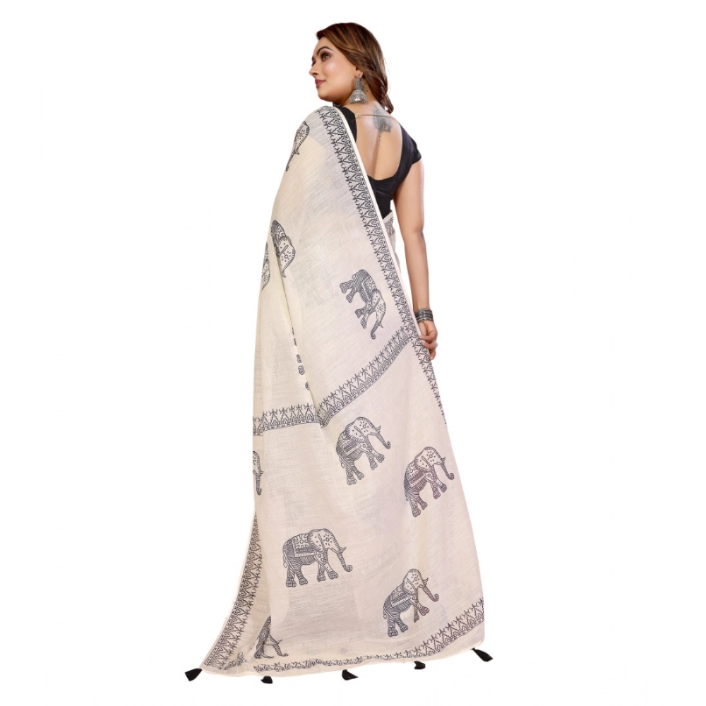 Women's Linen Cotton Printed Saree With Unstitched Blouse 5.5Mtr (Off White) - Image 5