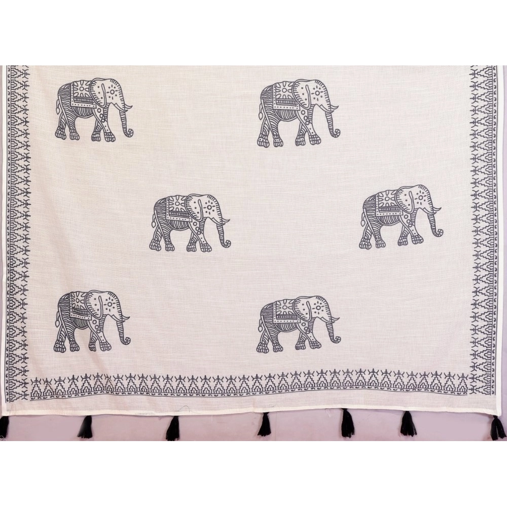 Women's Linen Cotton Printed Saree With Unstitched Blouse 5.5Mtr (Off White) - Image 3