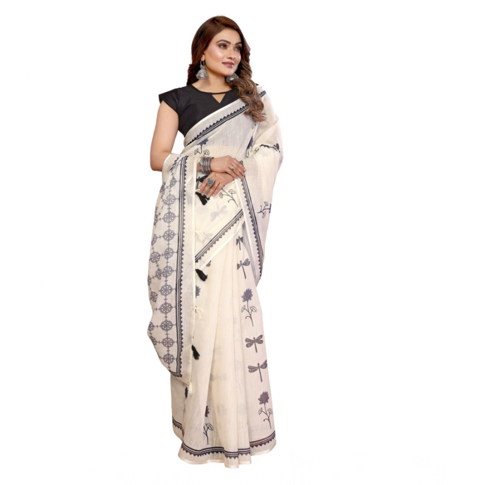 Women's Linen Cotton Printed Saree With Unstitched Blouse 5.5Mtr (Off White) - Image 6