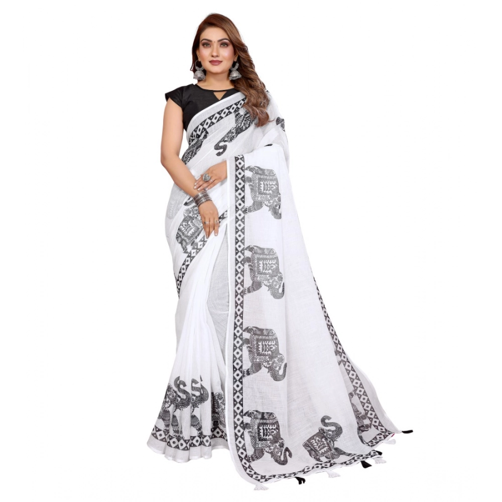 Women's Linen Cotton Printed Saree With Unstitched Blouse 5.5Mtr (White) - Image 6