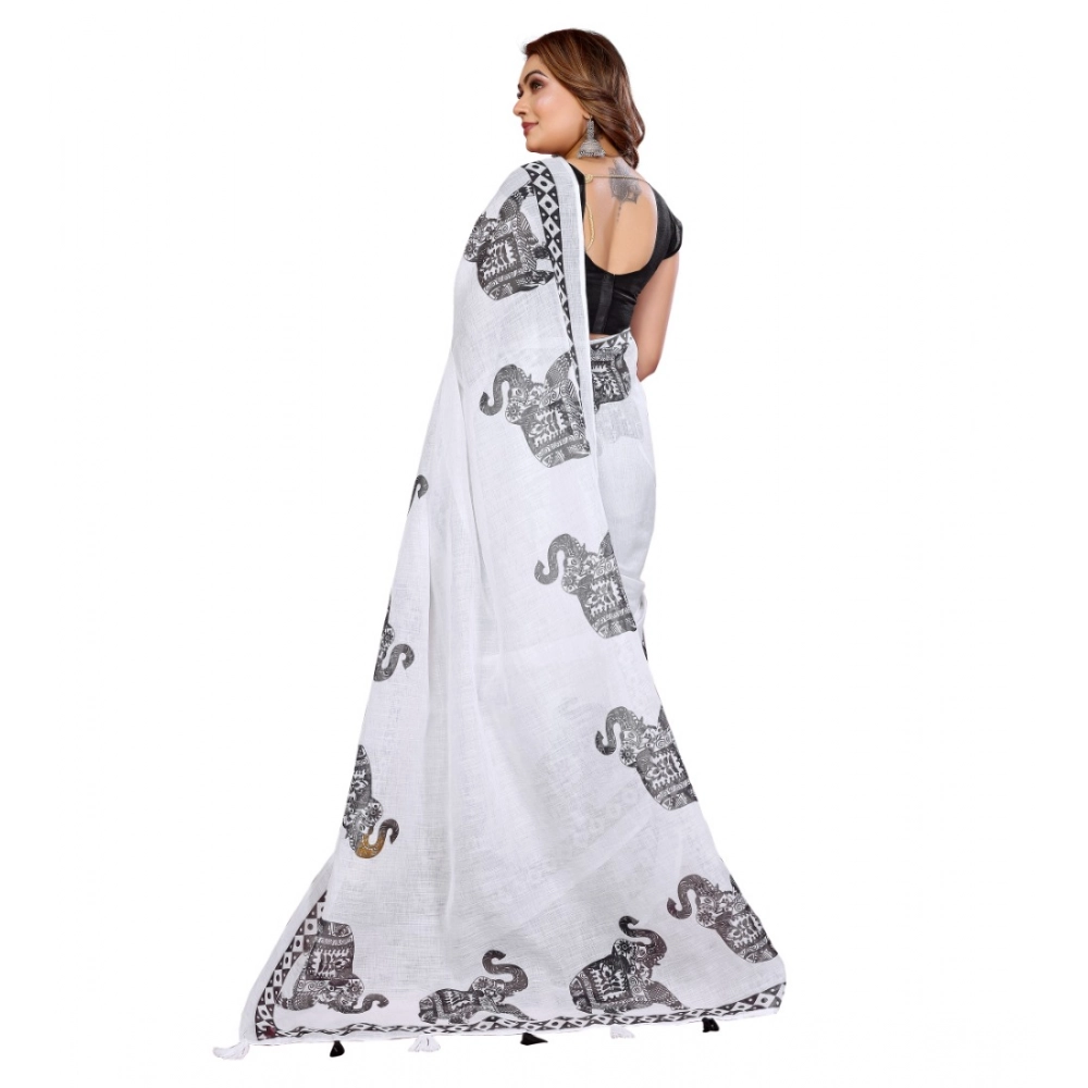 Women's Linen Cotton Printed Saree With Unstitched Blouse 5.5Mtr (White) - Image 5