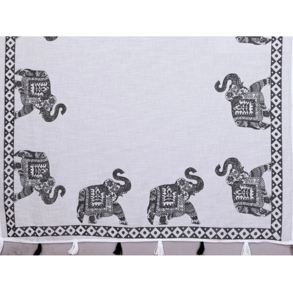 Women's Linen Cotton Printed Saree With Unstitched Blouse 5.5Mtr (White) - Image 3