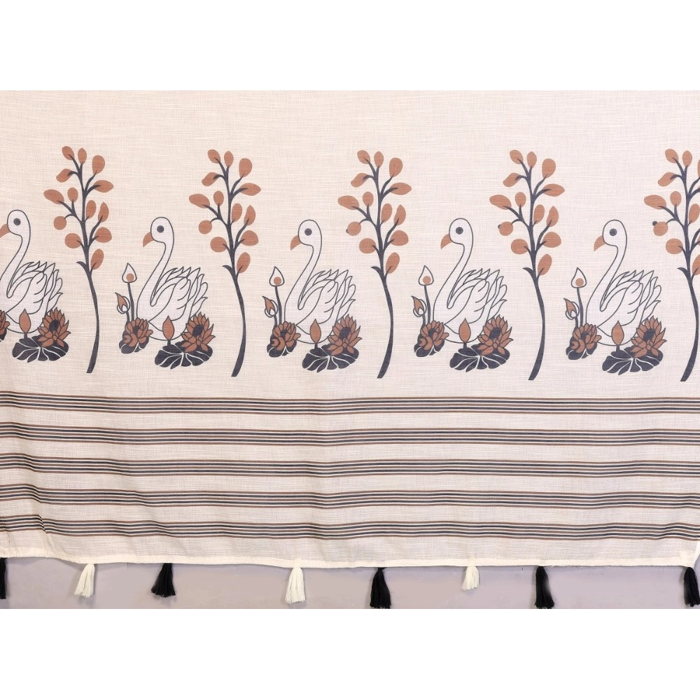 Women's Linen Cotton Printed Saree With Unstitched Blouse 5.5Mtr (Off White) - Image 3