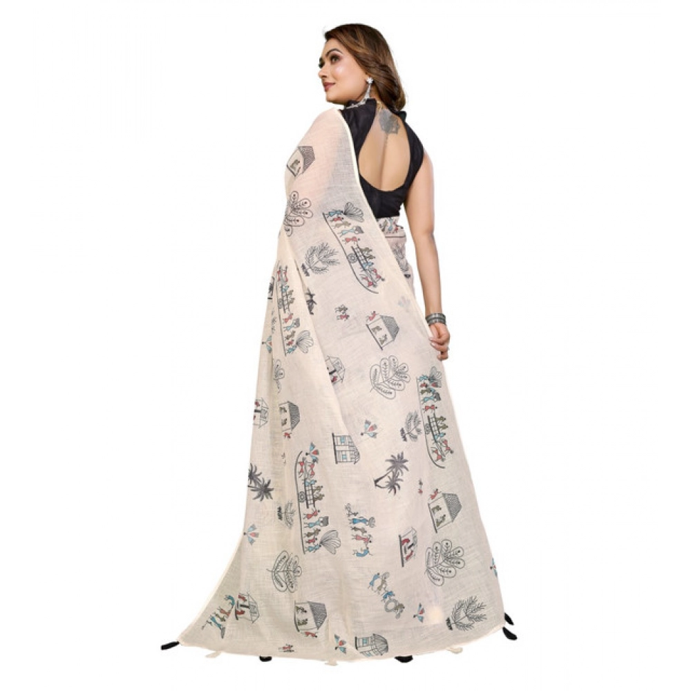 Women's Linen Cotton Printed Saree With Unstitched Blouse 5.5Mtr (Off White) - Image 6
