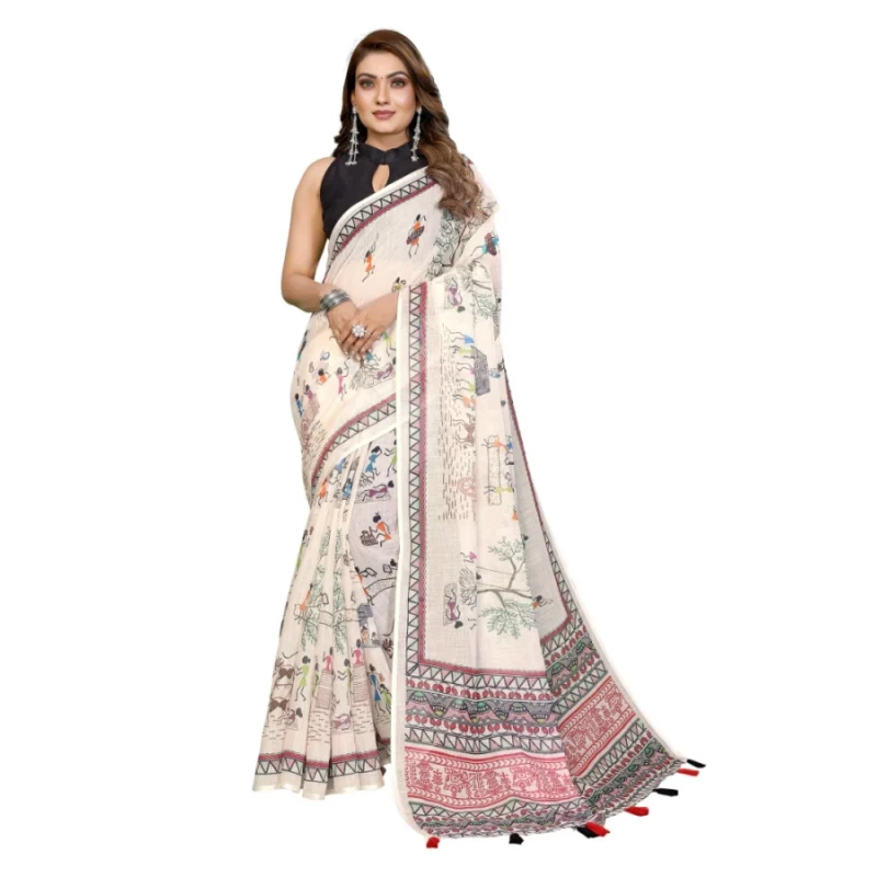 Alternative view of Women's Linen Cotton Printed Saree With Unstitched Blouse 5.5Mtr (Off White)