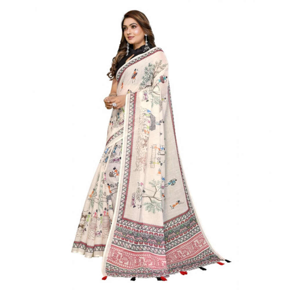 Women's Linen Cotton Printed Saree With Unstitched Blouse 5.5Mtr (Off White) - Image 5