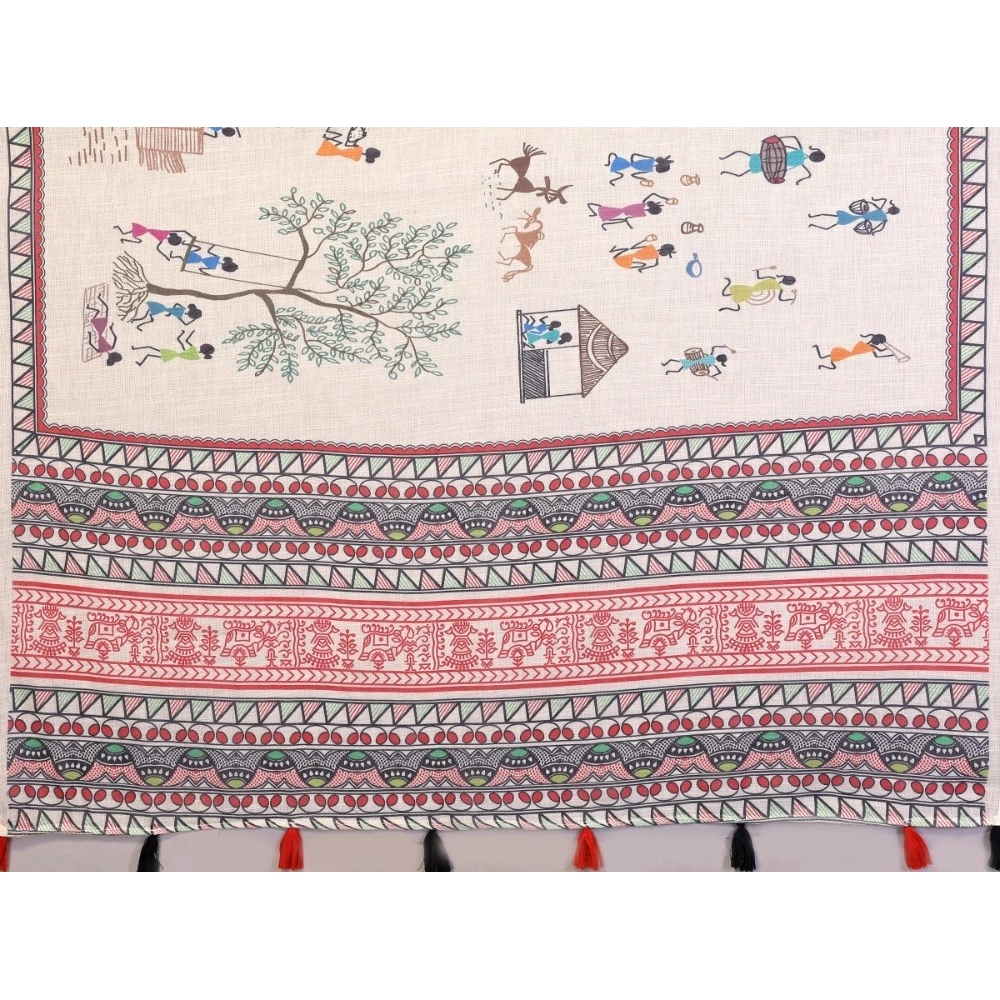 Women's Linen Cotton Printed Saree With Unstitched Blouse 5.5Mtr (Off White) - Image 4