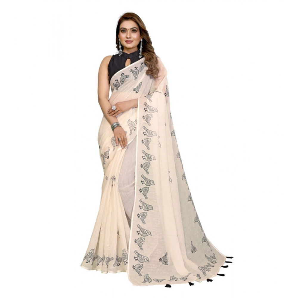 Women's Linen Cotton Printed Saree With Unstitched Blouse 5.5Mtr (Off White) - Image 2