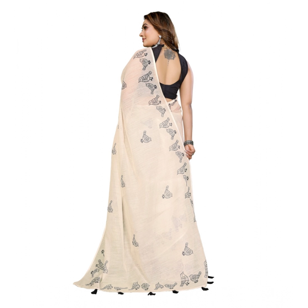 Women's Linen Cotton Printed Saree With Unstitched Blouse 5.5Mtr (Off White) - Image 6