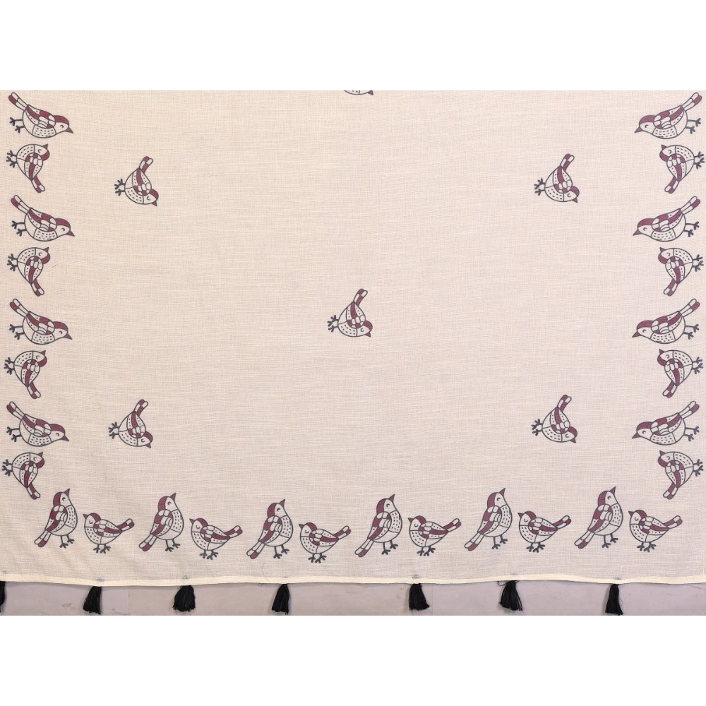 Women's Linen Cotton Printed Saree With Unstitched Blouse 5.5Mtr (Off White) - Image 4