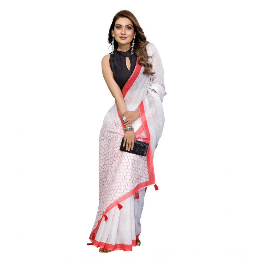 Women's Linen Cotton Printed Saree With Unstitched Blouse 5.5Mtr (White) - Image 3