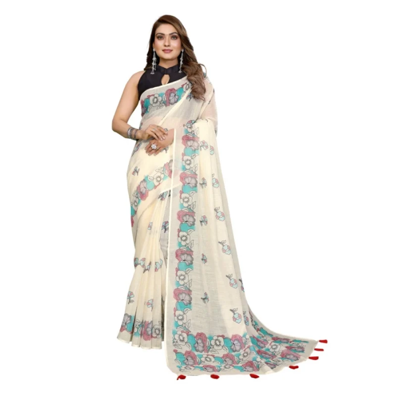 Alternative view of Women's Linen Cotton Printed Saree With Unstitched Blouse 5.5Mtr (Off White)