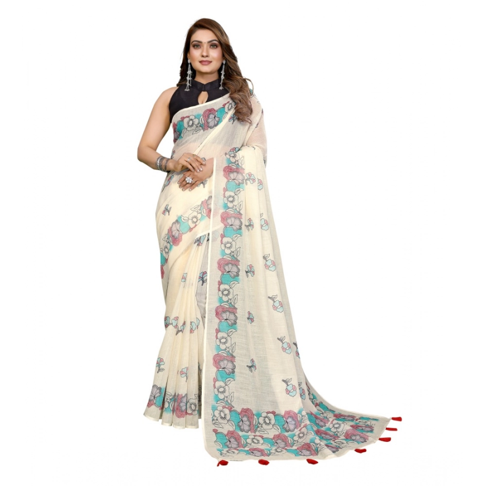 Women's Linen Cotton Printed Saree With Unstitched Blouse 5.5Mtr (Off White) - Image 2
